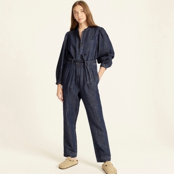 J. Crew Jumpsuit Puff Sleeve Denim Linen Casual Classic Chic Boho Blue 10 Tall - Picture 1 of 13